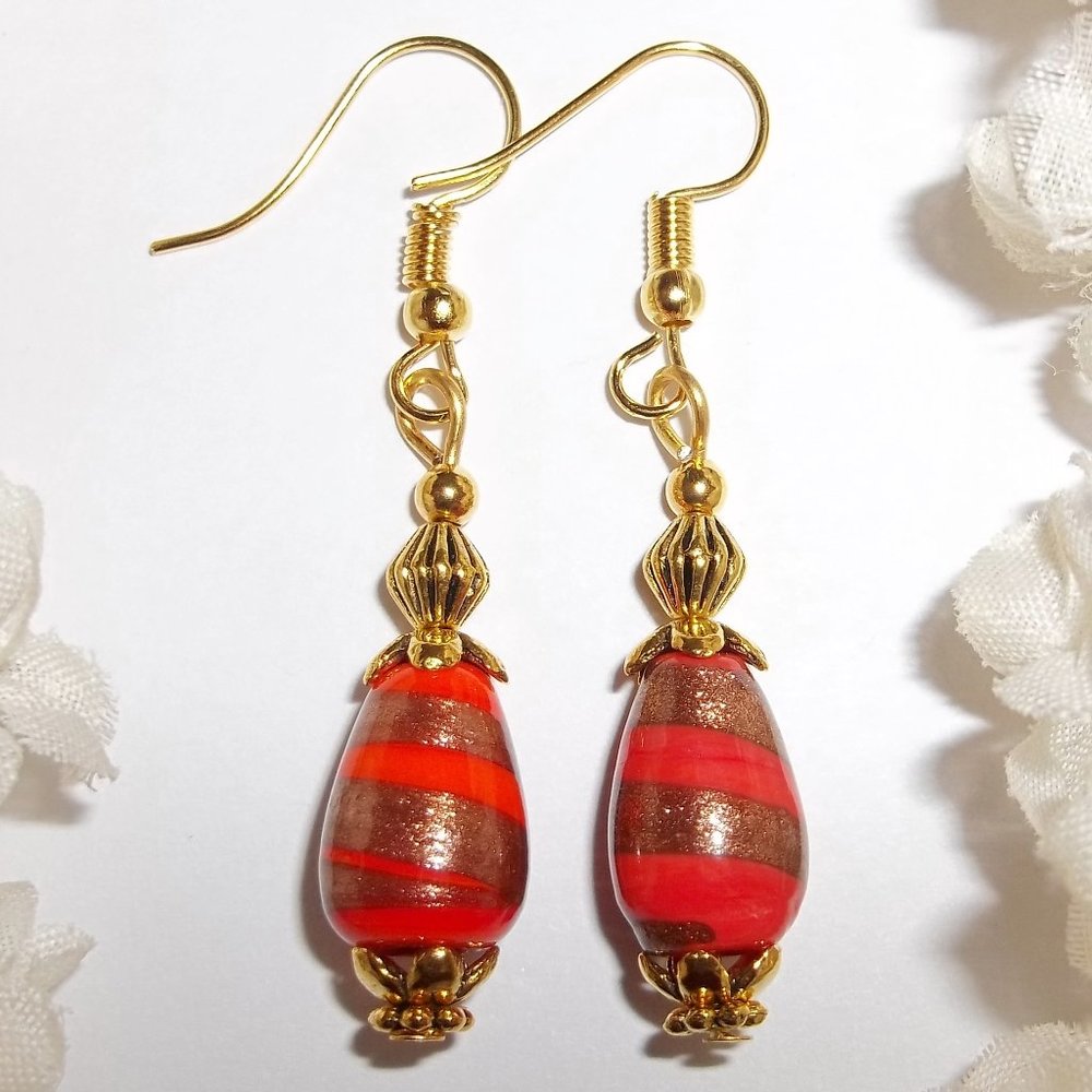 Orange & Gold Dangle Earring Handmade Jewelry 5241 - Picture 1 of 8